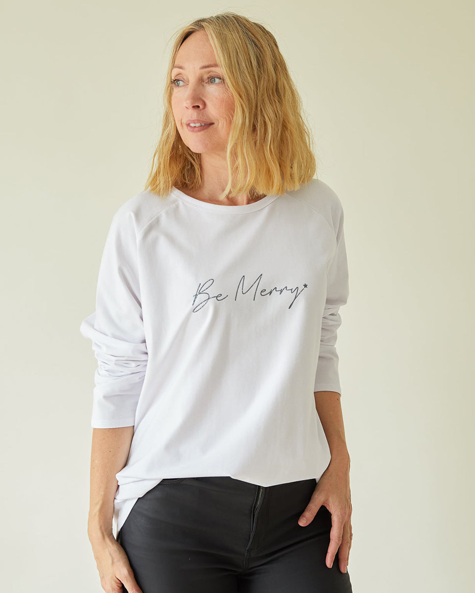 CHALK ROBYN TOP WHITE WITH GLITTER BE MERRY SCRIPT