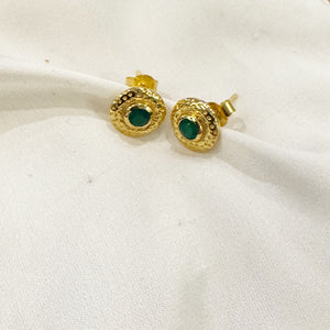 NE138 Textured Gold Stud Earrings Green Onyx