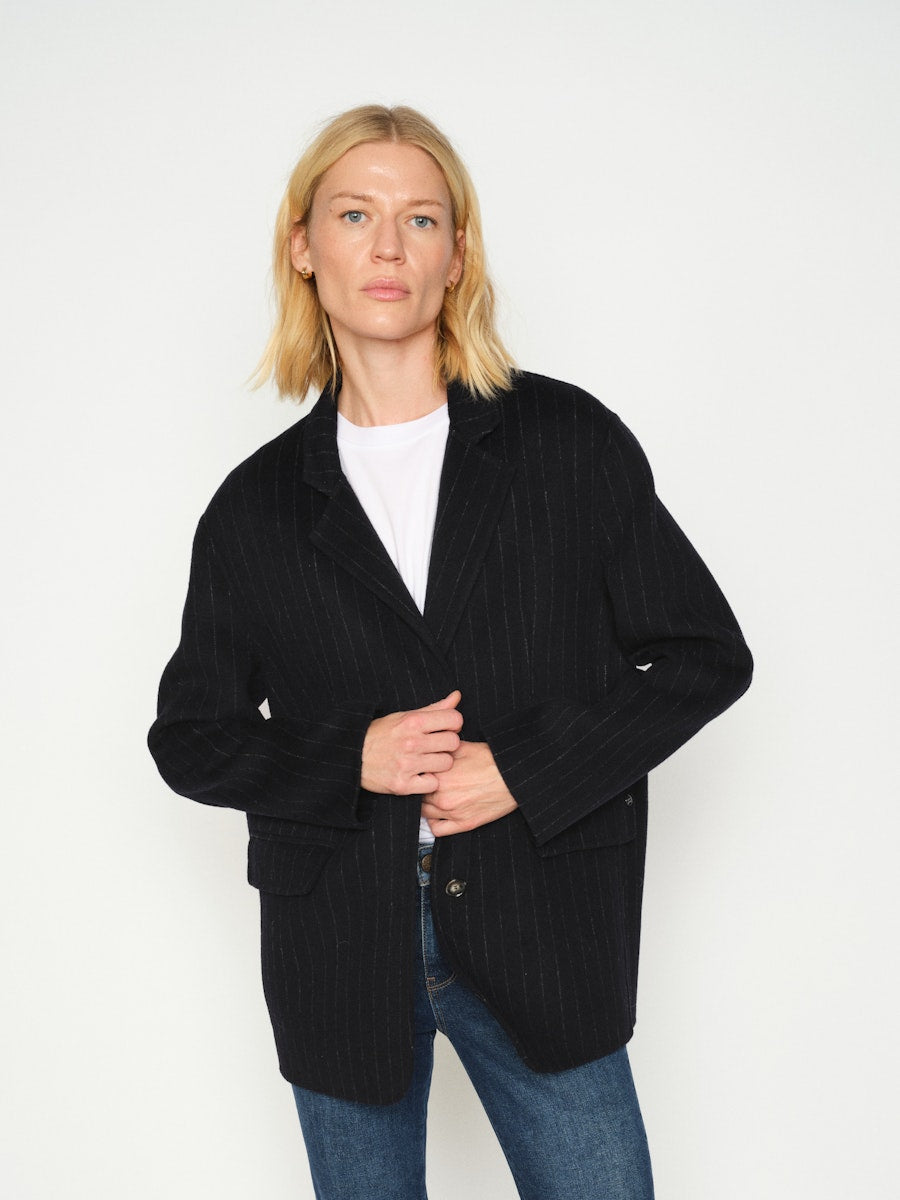 MosMosh Idun Wool Blazer Navy Pinstripe Slub