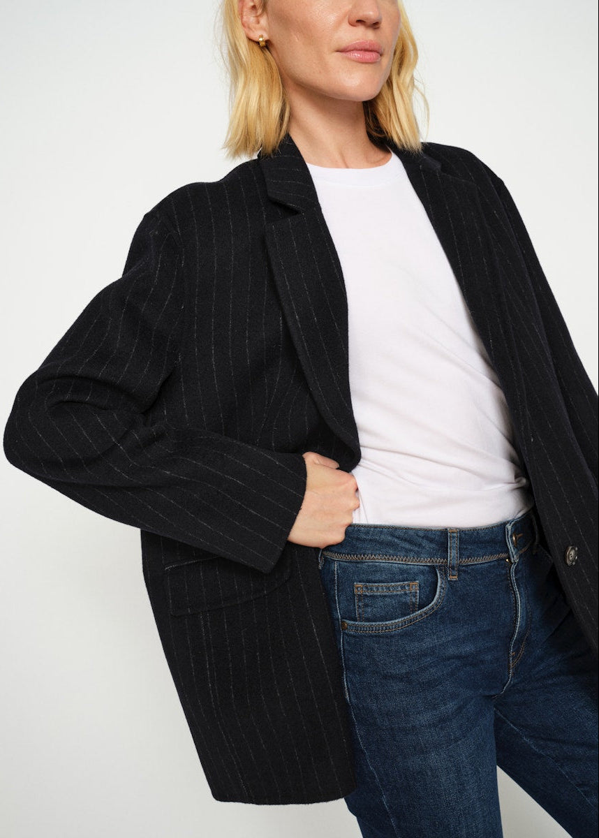 MosMosh Idun Wool Blazer Navy Pinstripe Slub