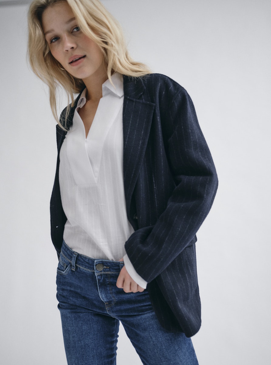MosMosh Idun Wool Blazer Navy Pinstripe Slub