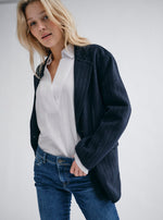 Load image into Gallery viewer, MosMosh Idun Wool Blazer Navy Pinstripe Slub
