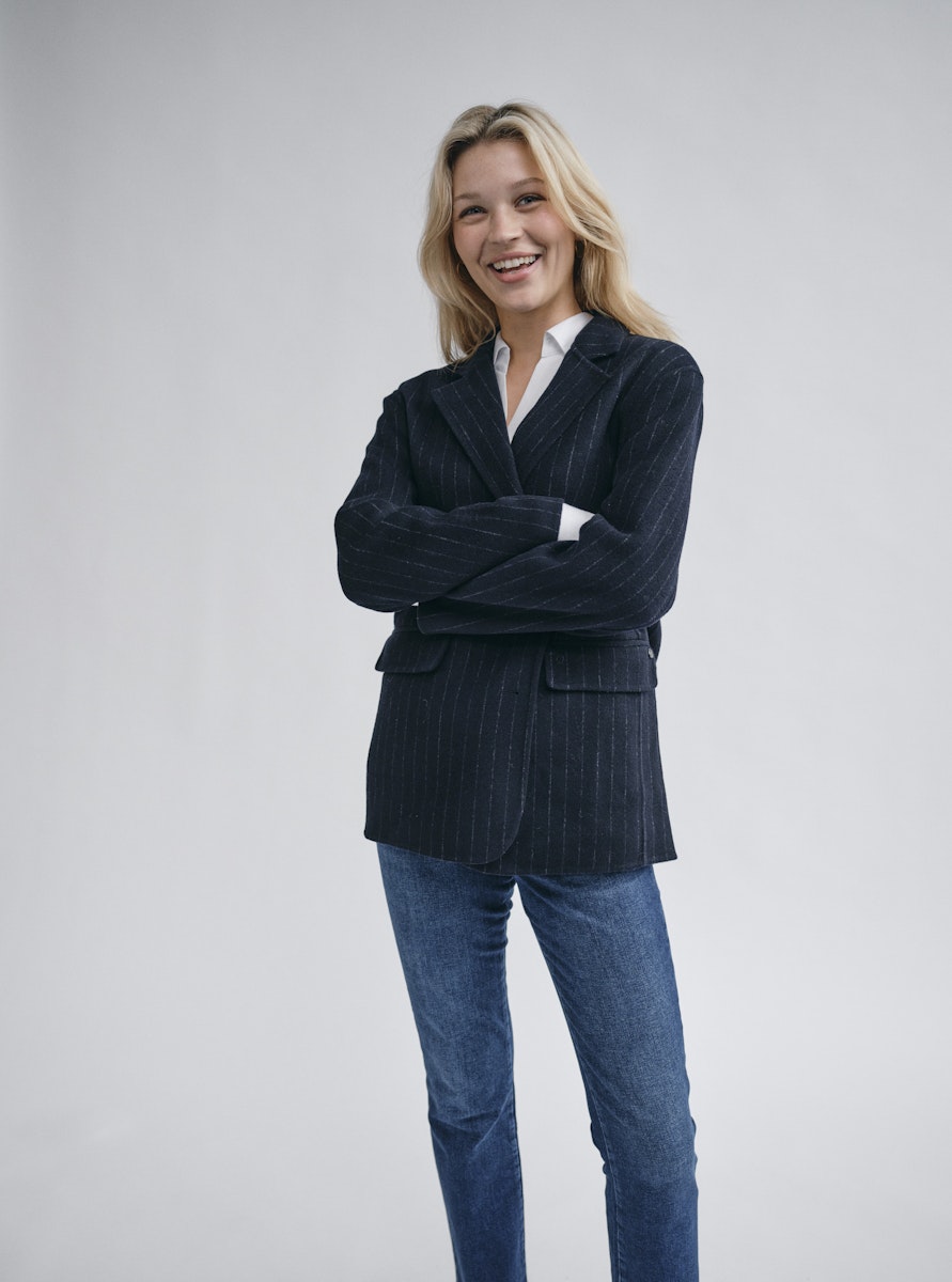 MosMosh Idun Wool Blazer Navy Pinstripe Slub