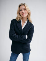 Load image into Gallery viewer, MosMosh Idun Wool Blazer Navy Pinstripe Slub
