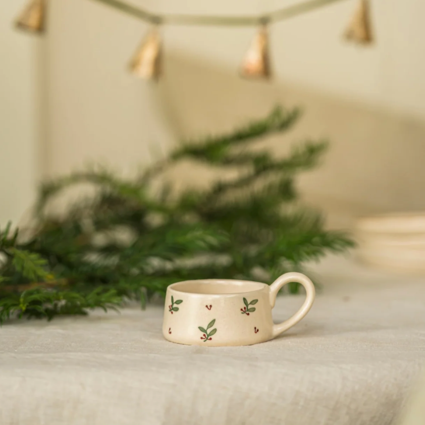 Ceramic Tea Light Holder with Mistletoe Design
