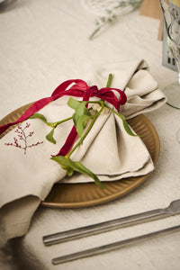 Napkin with Winter Berry Branch Embroidered Design