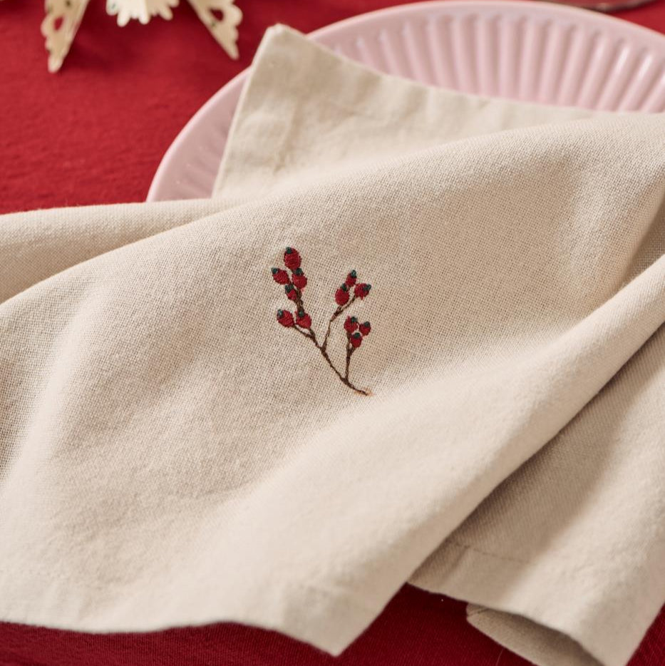 Napkin Natural with Berry Embroidery