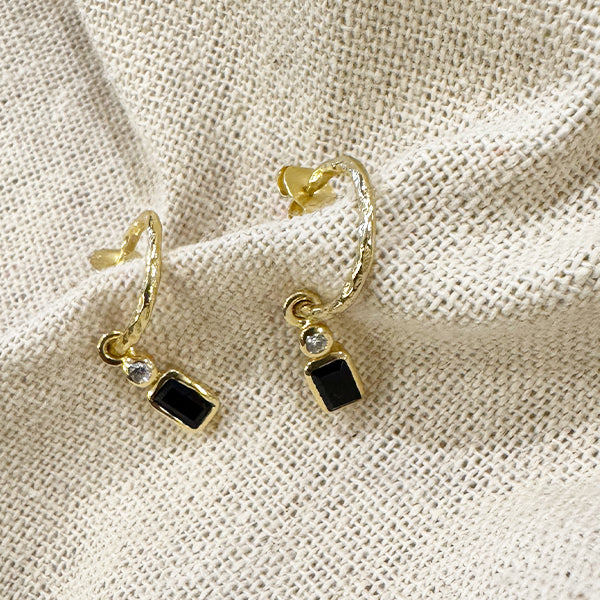 NVE-05 Gold Hoop Earrings with Black Onyx Drop Charm
