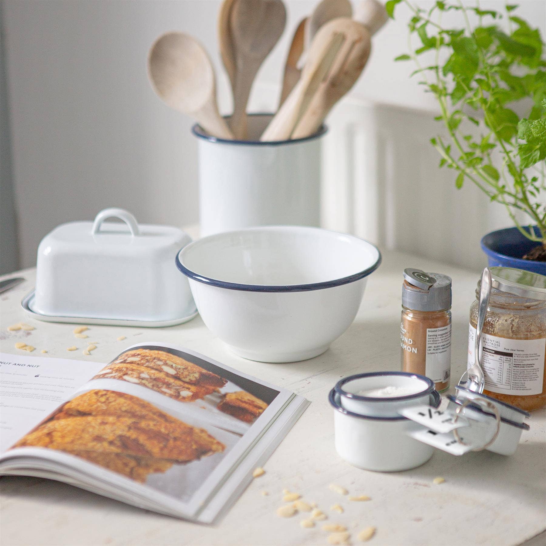 White and Navy Enamel Butter Dish