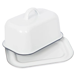 White and Navy Enamel Butter Dish