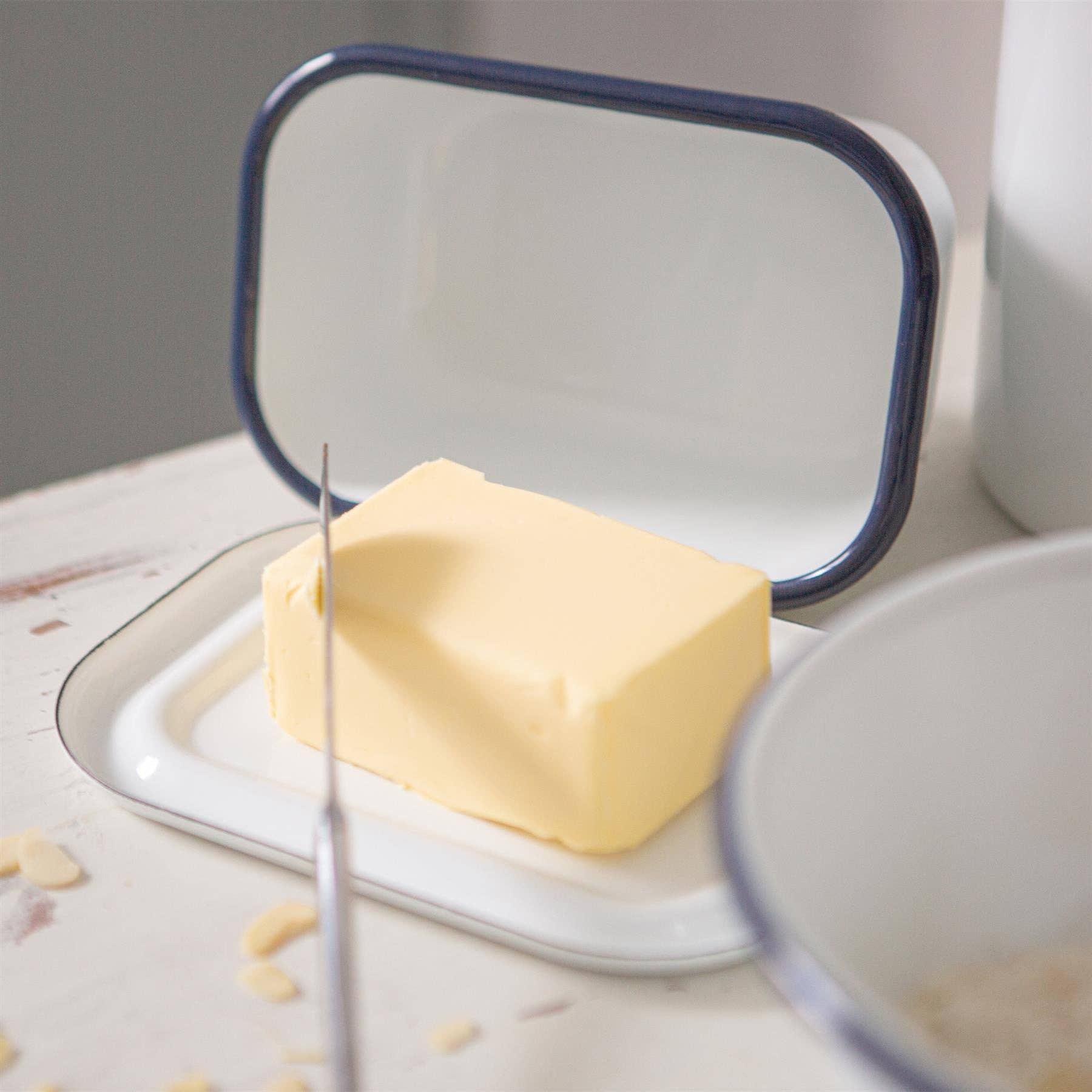 White and Navy Enamel Butter Dish