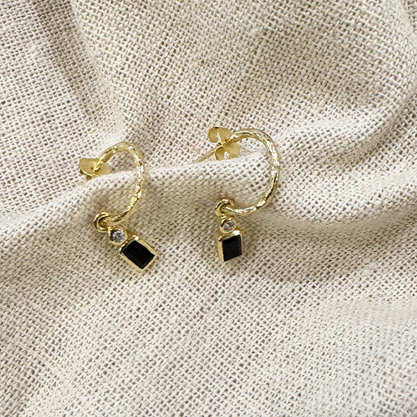 NVE-05 Gold Hoop Earrings with Black Onyx Drop Charm