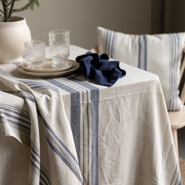 Karlevi Nature/Blue Table Cloth Recycled Cotton 250cm x 140cm