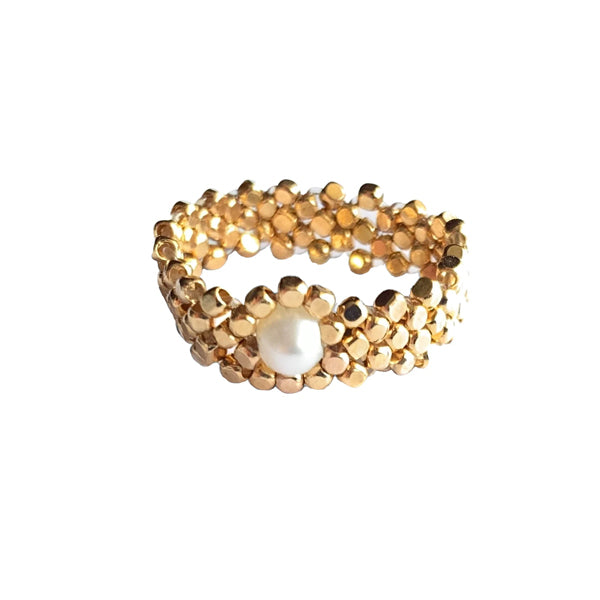 PEARL AND WOVEN GOLD RING
