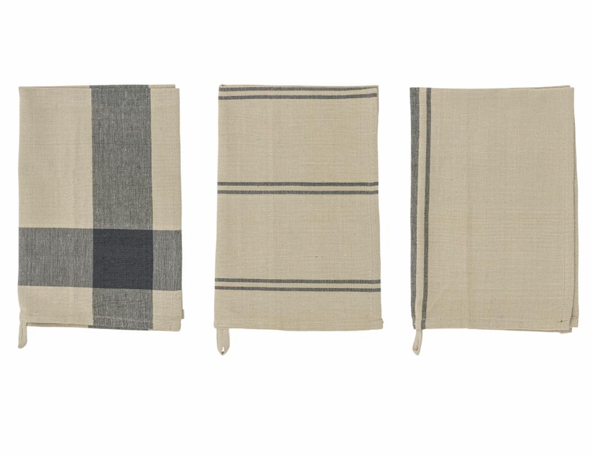 COTTON TEA TOWELS NATURAL AND BLUE 3 DESIGNS