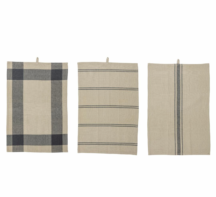 COTTON TEA TOWELS NATURAL AND BLUE 3 DESIGNS