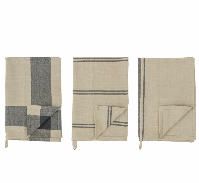COTTON TEA TOWELS NATURAL AND BLUE 3 DESIGNS
