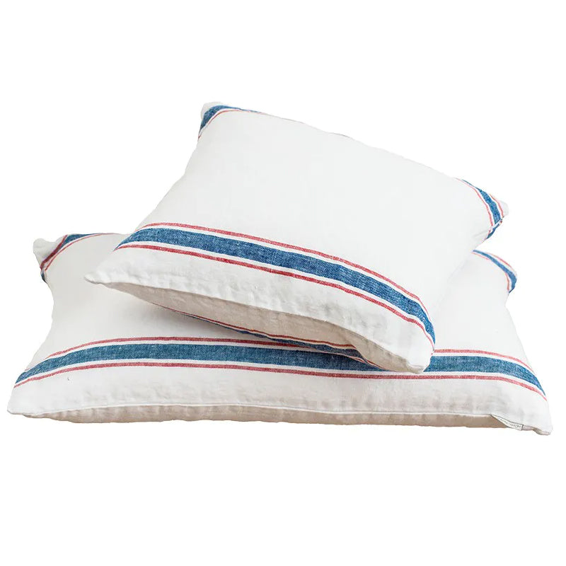 WHITE LINEN CUSHION WITH RED AND BLUE STRIPE 40 X 40