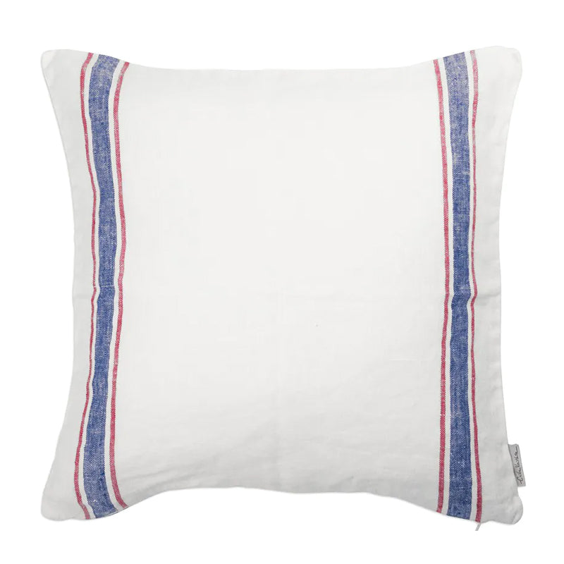 WHITE LINEN CUSHION WITH RED AND BLUE STRIPE 40 X 40