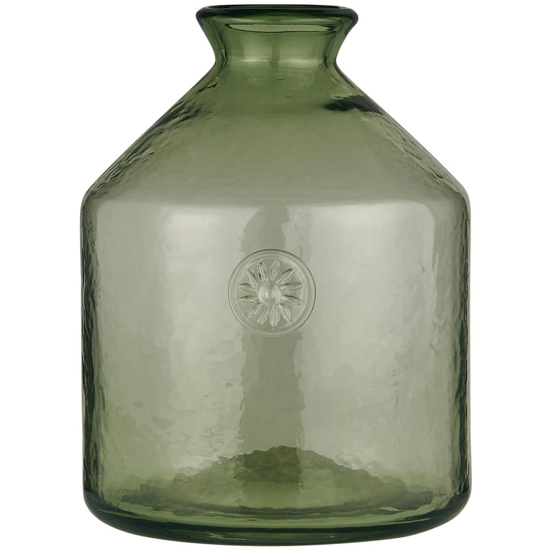 GREEN GLASS BOTTLE WITH FLOWER EMBLEM DESIGN LARGE