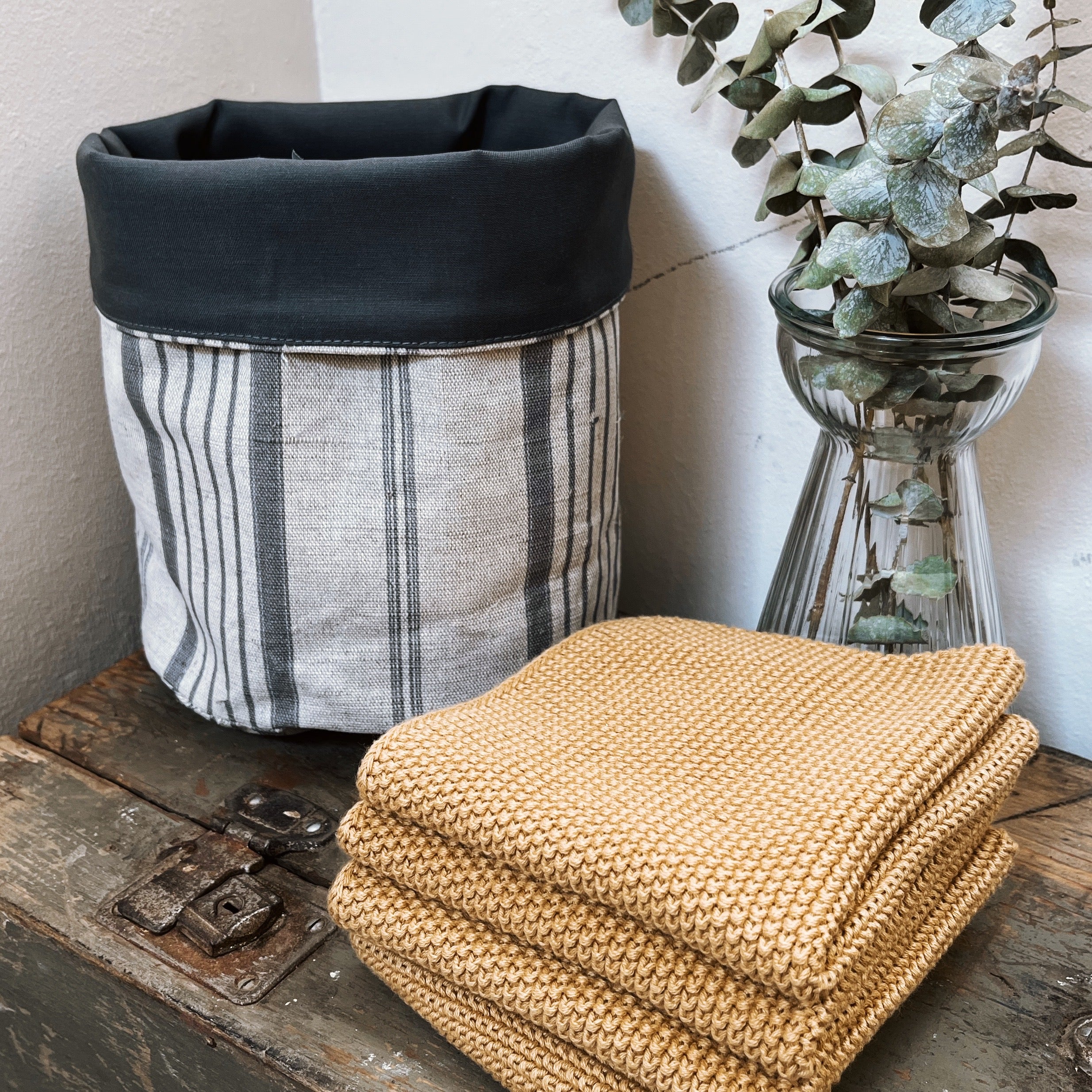 COTTON & LINEN ROLL DOWN STORAGE BAG STRIPES GREY