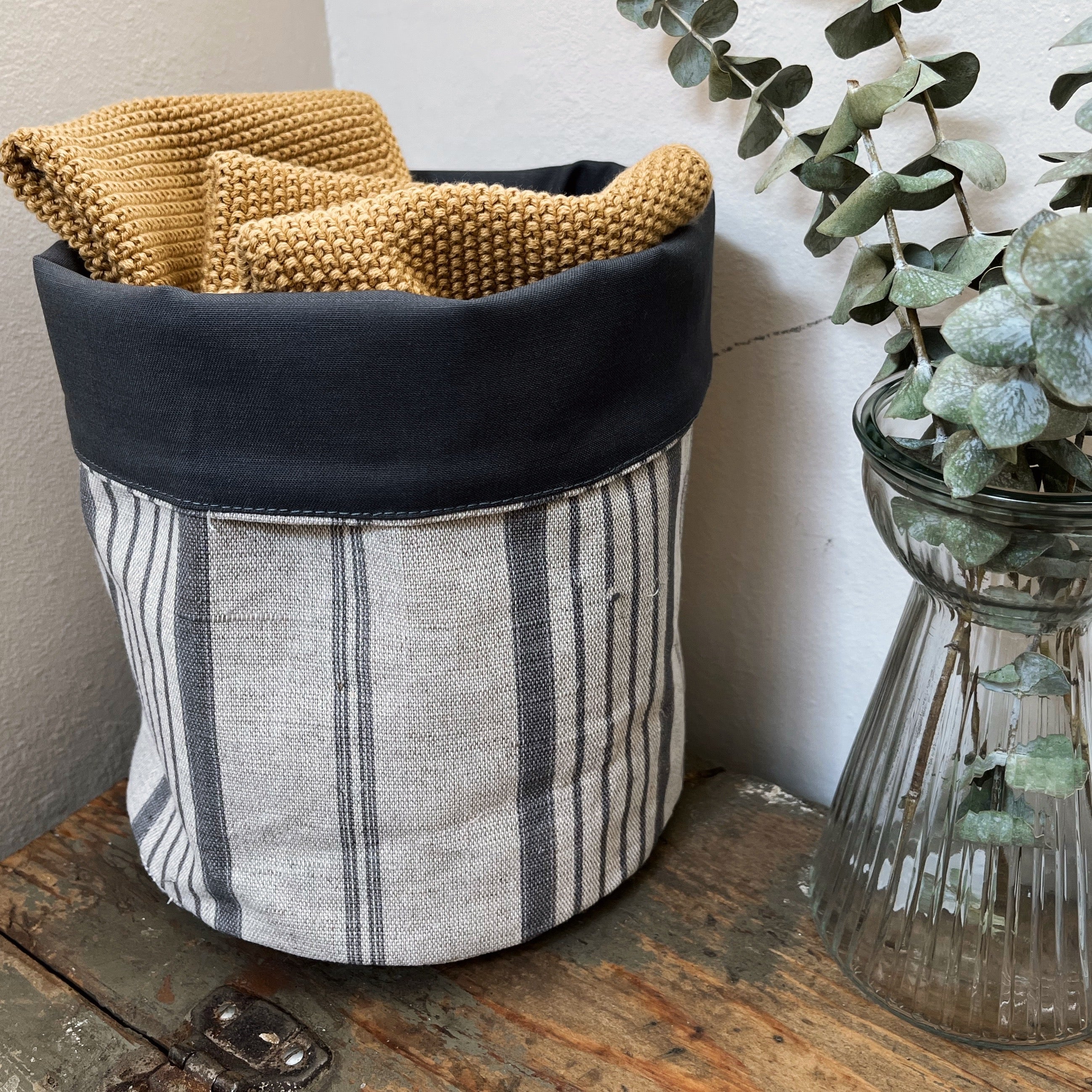 COTTON & LINEN ROLL DOWN STORAGE BAG STRIPES GREY